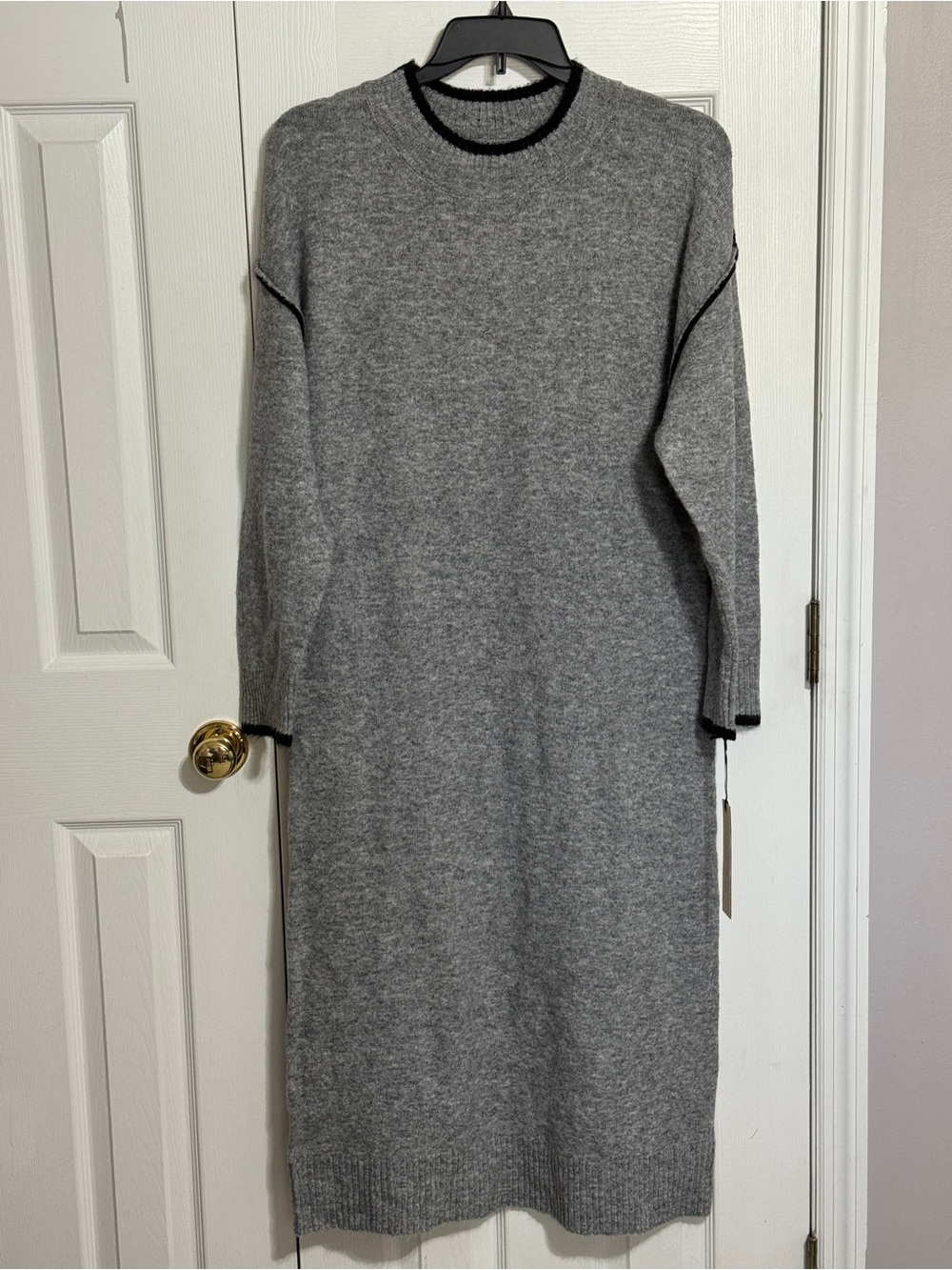 Grey Knit Maxi Sweater Dress with Contrast Trim